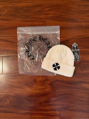 Chrome Hearts Ivory Knit Beanie with Black Cross Patch